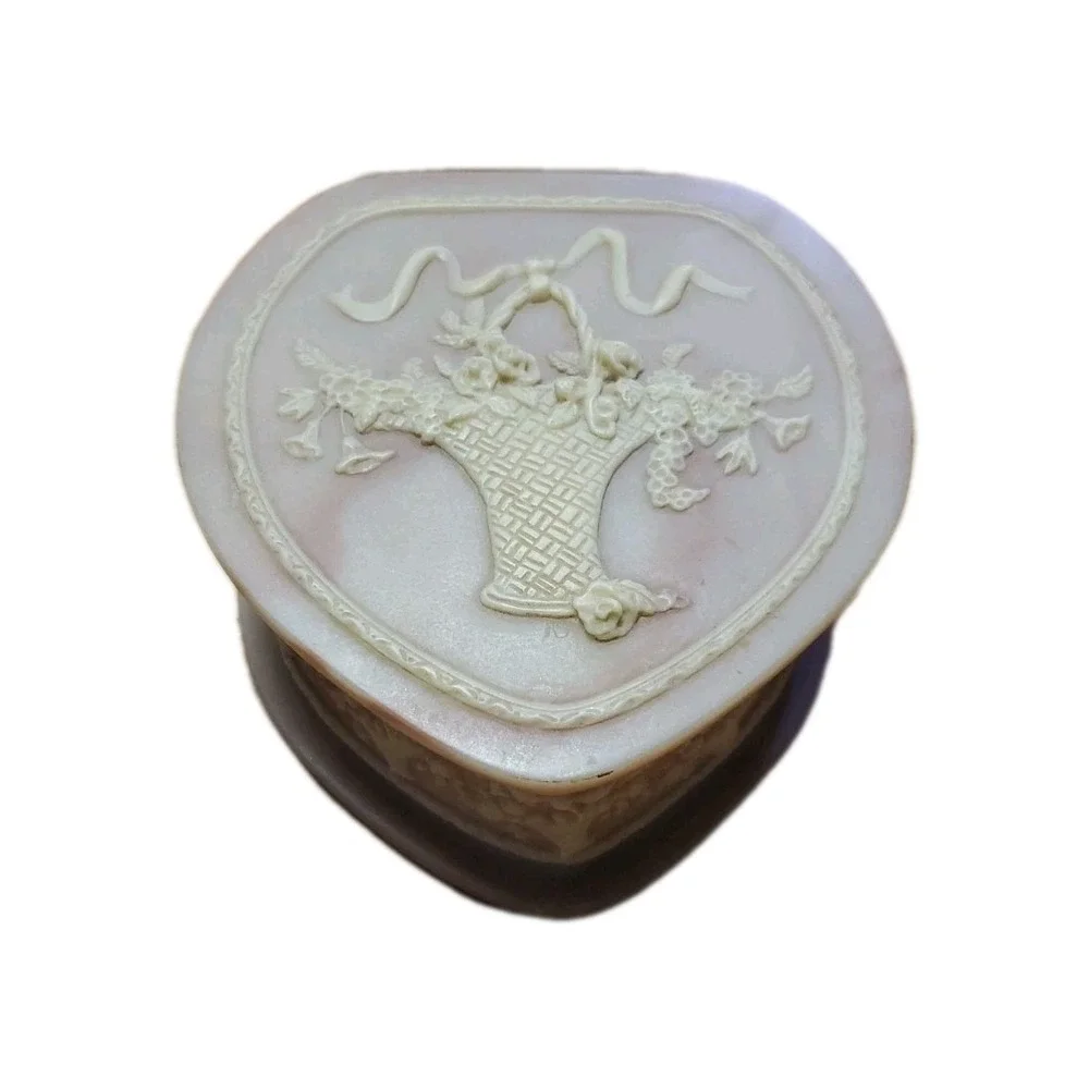 Genuine Incolay Stone Heart Shape Jewelry Trinket Box with Flower Basket Design